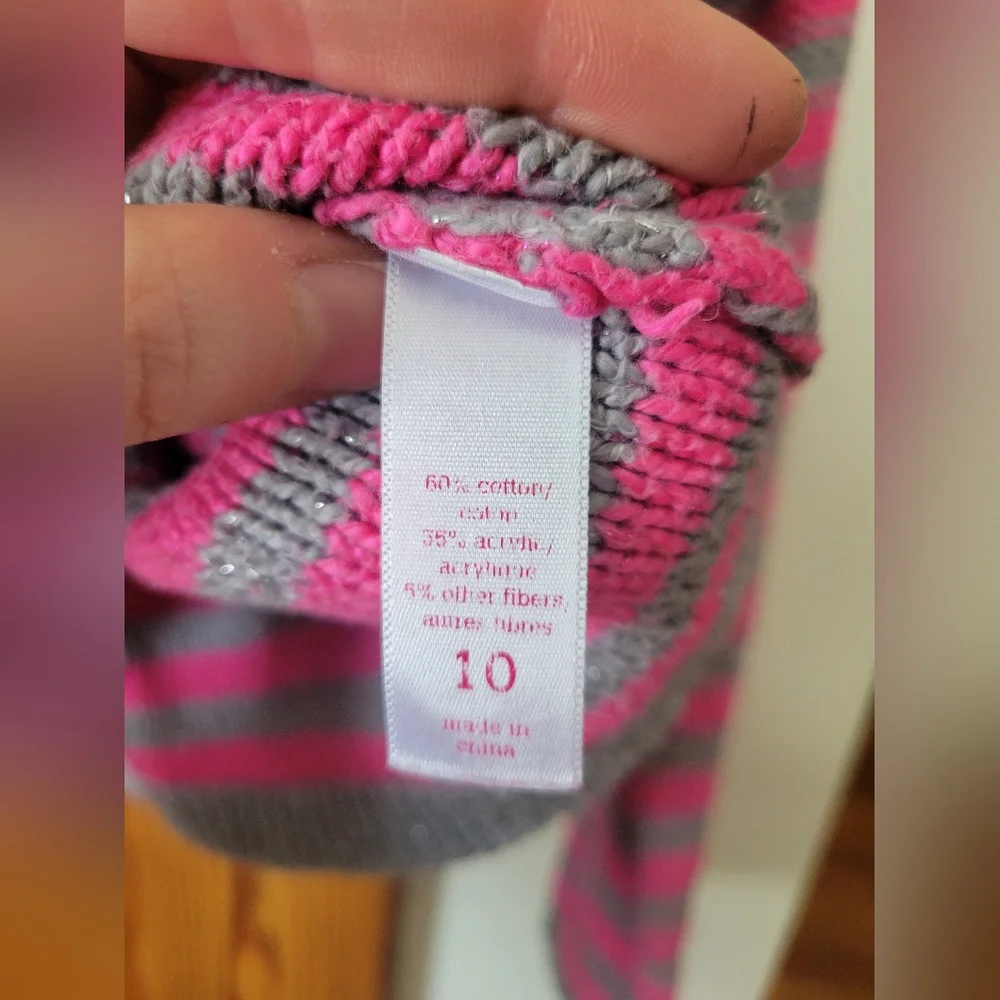 Girls Justice Knit Pink and Gray Striped Metallic Shimmer Sweater 10